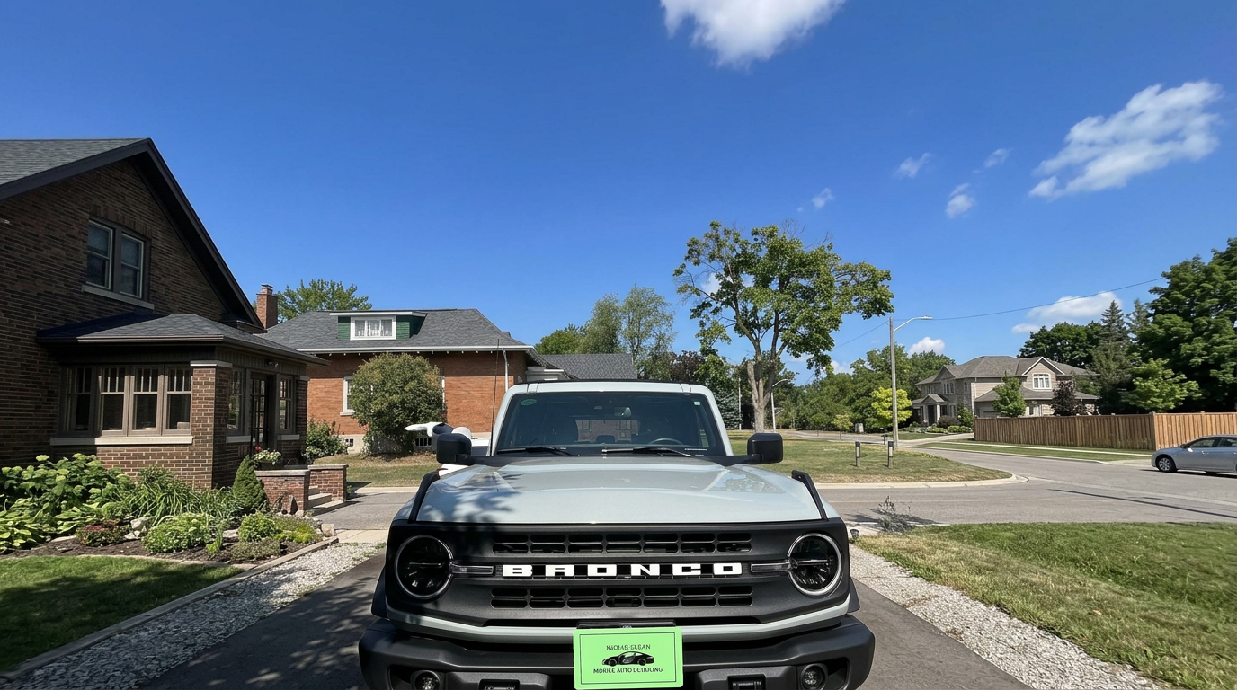 A close-up, front-facing shot of a light grey Ford Bronco, featuring a polished finish and a "Kodiak Clean Mobile Auto Detailing" sign on the bumper. The vehicle is parked outdoors on a sunny day in a residential neighborhood with houses and green trees in the background.